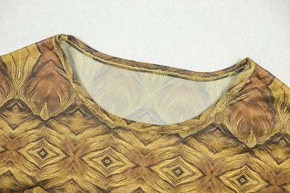 Maxi Dress - Regal Golden and Brown Patterned with Long Sleeves | Elegant Crew Neck - Fitted Style, Perfect for All Seasons, Ruffle Details, by SCACTO