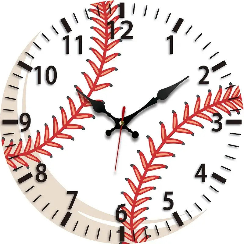 1pc Baseball-Themed Wall Clock - Large Easy-to-Read Black & Red Baseball Seam Design, Silent Quartz Movement with Japanese Mechanism, 9.84-Inch Round Wood Frame, Black Hands & Red Second Hand - Battery-Powered (AA Batteries N