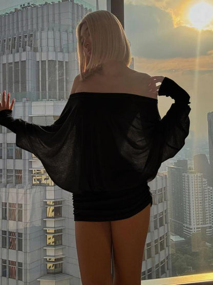 Women'S Sexy Off-the-Shoulder Long Sleeve Mini Dress - Solid Color Sheer Panel Party Clubwear, European & American Inspired Pleated Bandeau Dress for Spring/Autumn, Casual to Night Outfits, 2025 New Arrival (Sexy Off-Shoulder