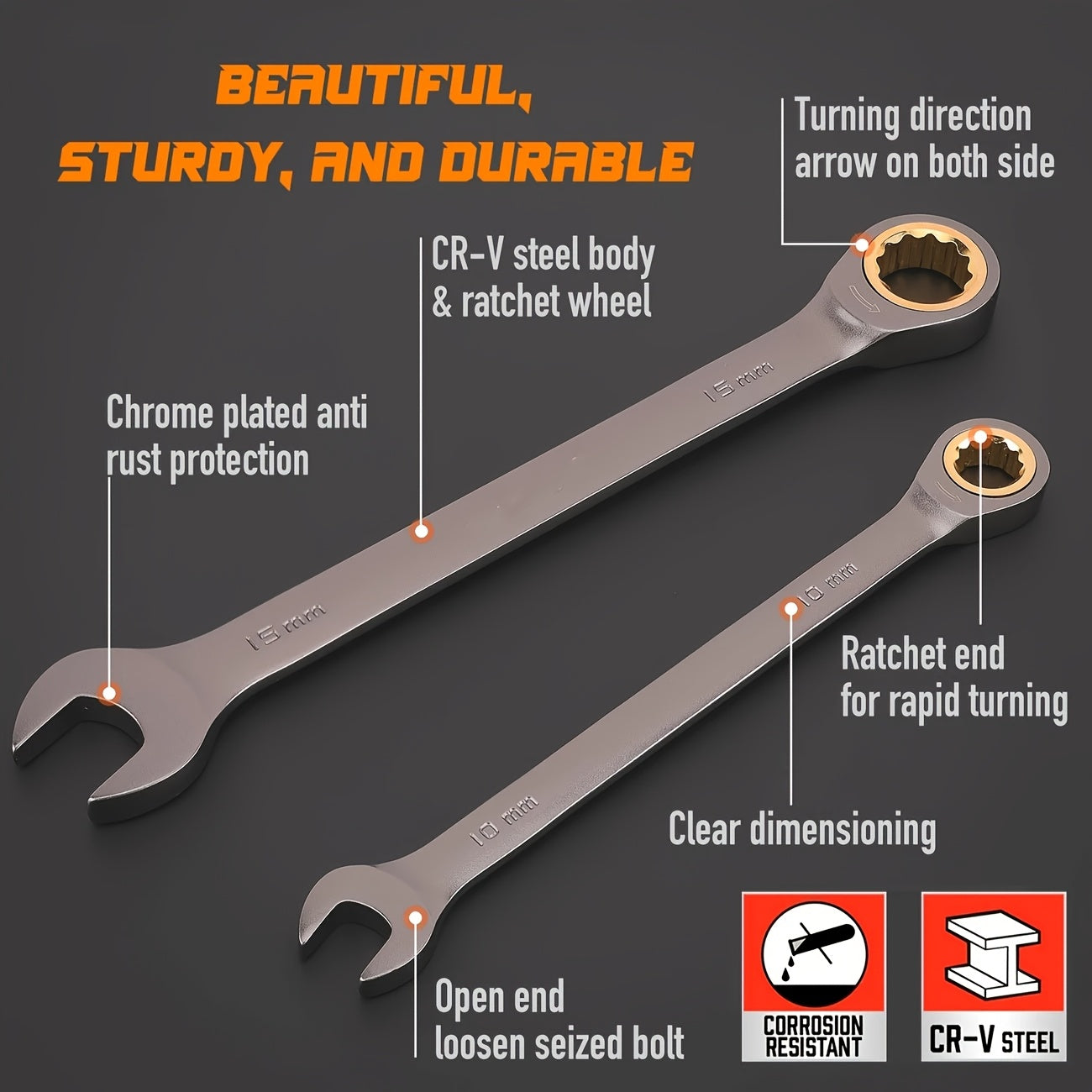 8pcs Black nickel ratchet wrench set, fixed head dual head dual-use wrench, 72 teeth industrial use, CRV steel material, industrial wrench, sturdy and durable, suitable for industrial tools such as motorcycle, car maintenance