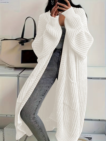 Plus Size, Solid Color Plus-Size Women's Long Pocket Cardigan Loose Over-the-Knee Sweater Coat Fashion Versatile Outerwear