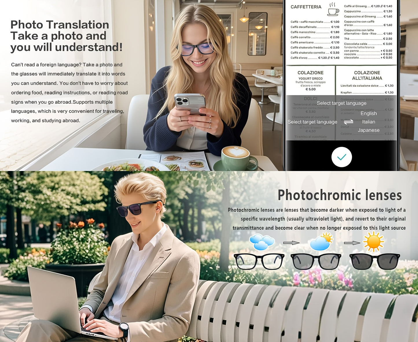 Ai Translation Smart Glasses, Multi-functional Audio Glasses Support 160+ Languages Translation, Built-in Microphone And Speaker, Music Playback And Voice Call, Photochromic Lenses, Suitable for, Driving, Relaxing And Daily O