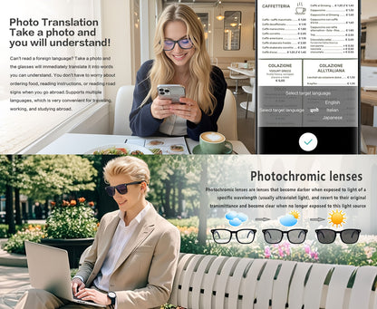 Ai Translation Smart Glasses, Multi-functional Audio Glasses Support 160+ Languages Translation, Built-in Microphone And Speaker, Music Playback And Voice Call, Photochromic Lenses, Suitable for, Driving, Relaxing And Daily O