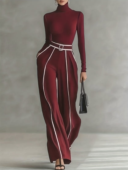 Women's Two-Piece Set: High-Neck Long-Sleeve Top with Contrast Straight-Leg Pants Featuring Pockets and Belt, Elegant and Versatile Design for Autumn/Winter Commuting