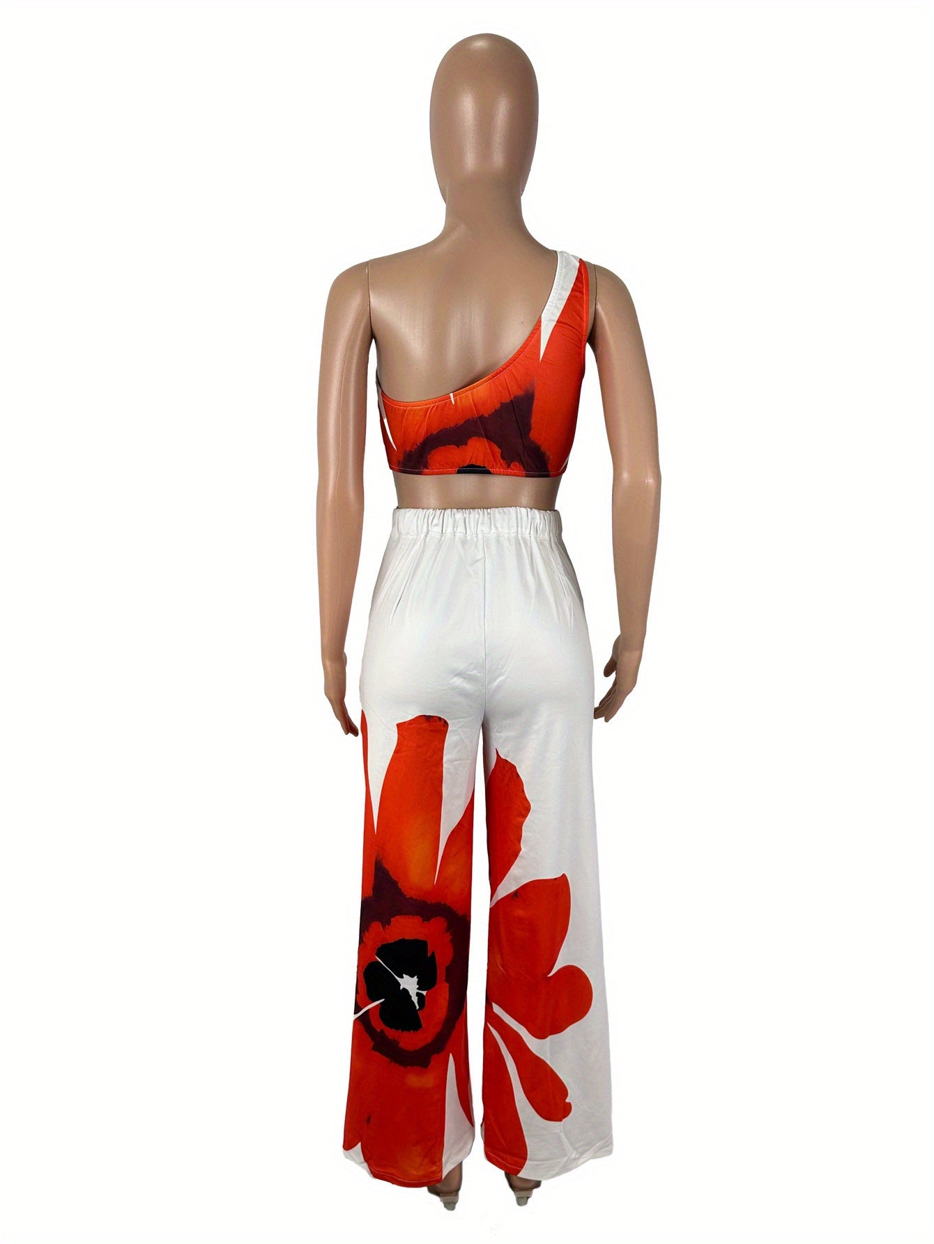 D9738 Women'S Y2K Fashion Floral Print One-Shoulder Slim Fit Wide-Leg Pants Two-Piece Set - Sexy Spring/Fall Outfit, Spring Fashion|Sleek Shoulder Design|Polyester Fabric