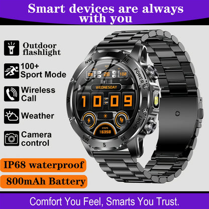 Men'S Smart Watch, Waterproof Smart Watch, Suitable for Outdoor Sports, IP68 Deep Waterproof, Waterproof Speaker, LED Flashlight, Call Answering, Music Control, 800Mah Battery, Compass, Compatible with Iphone And Android Phon