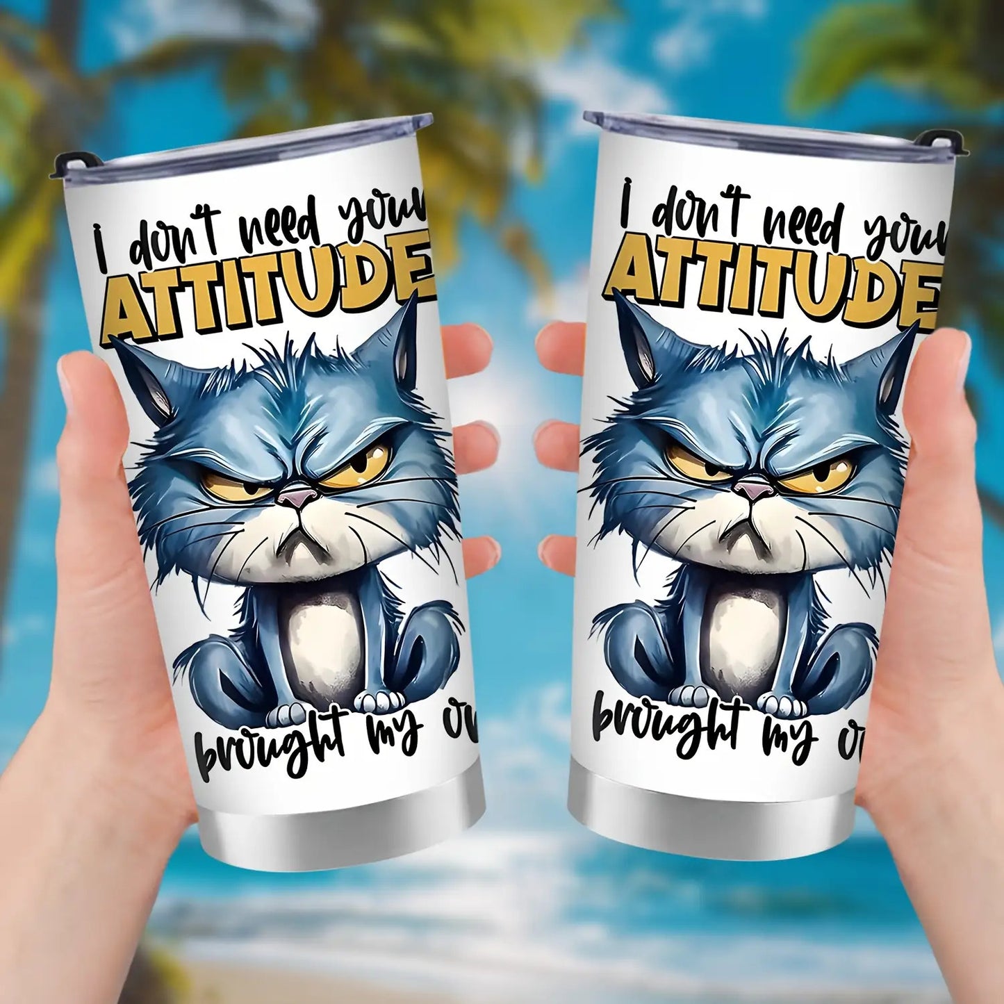 1pc 20oz Stainless Steel Tumbler with Lid - Double-Wall Vacuum Insulated Cup, Leakproof & -Slip Grip, Funny Grumpy Design with "I Don't Need Your ATTITUDE" Slogan, Hot/Cold Beverage for Office, Travel, Camping, School - Gift