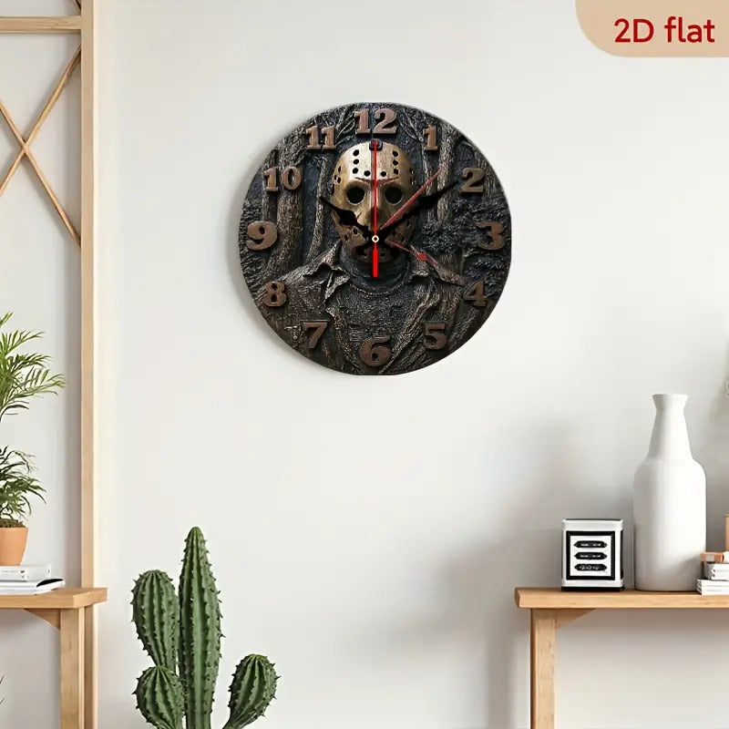 Friday the 13th Jason Voorhees Mask Wall Clock- 10inch  Silent Quartz Horror  Decoration, 2D Flat Printing, Artificial Wood Round Clock, Suitable for Halloween, Christmas, Living Room and Bedroom- Energy Saving(AA Batteries I