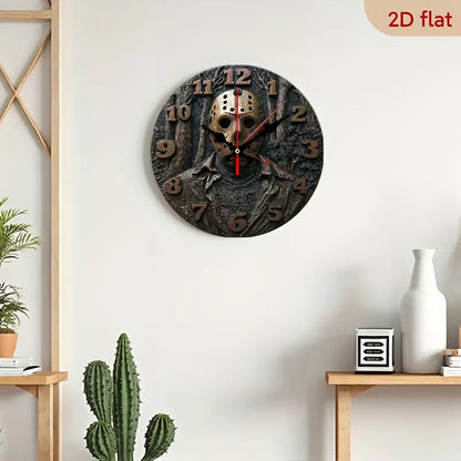 Friday the 13th Jason Voorhees Mask Wall Clock- 10inch  Silent Quartz Horror  Decoration, 2D Flat Printing, Artificial Wood Round Clock, Suitable for Halloween, Christmas, Living Room and Bedroom- Energy Saving(AA Batteries I