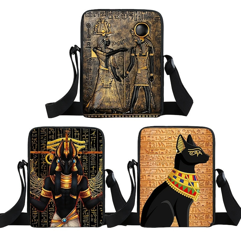 1pc Ancient Egyptian Anubis & Pharaoh Polyester Crossbody Bag, Casual Religious Theme Messenger Shoulder Bag with Zipper Closure, Hand Washable, for Women - Travel Wallet with Phone Holder