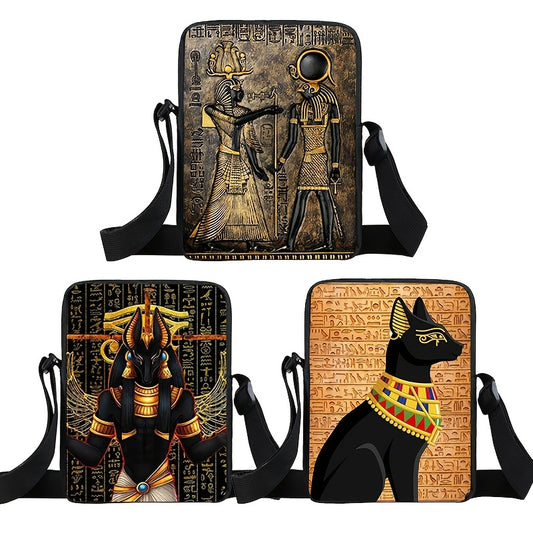 1pc Ancient Egyptian Anubis & Pharaoh Polyester Crossbody Bag, Casual Religious Theme Messenger Shoulder Bag with Zipper Closure, Hand Washable, for Women - Travel Wallet with Phone Holder