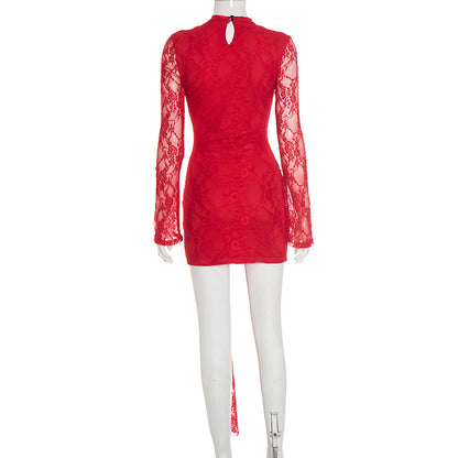 Ladies' Fashionable Dress for Parties and Gatherings Solid Color Hollow Out Straps Sexy Lace Long Sleeved Ribbon Short Dress
