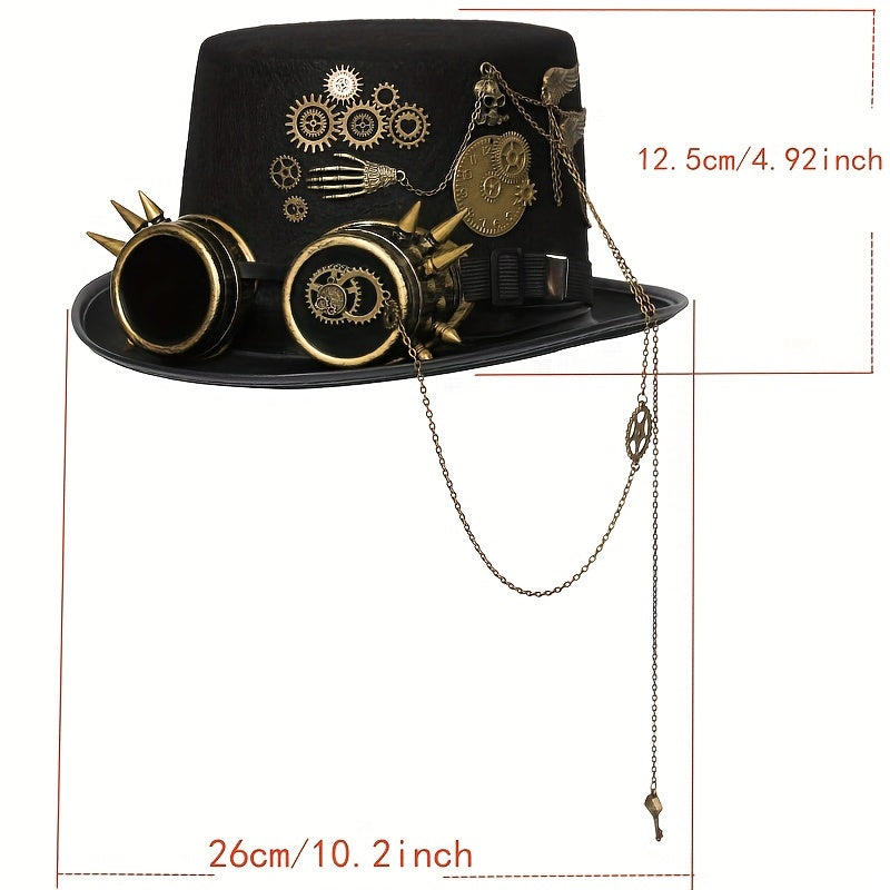 Steampunk Top Hat with Metal Chain and Goggles - Victorian Headdress Costume Accessory for Women - Perfect for Halloween and Cosplay