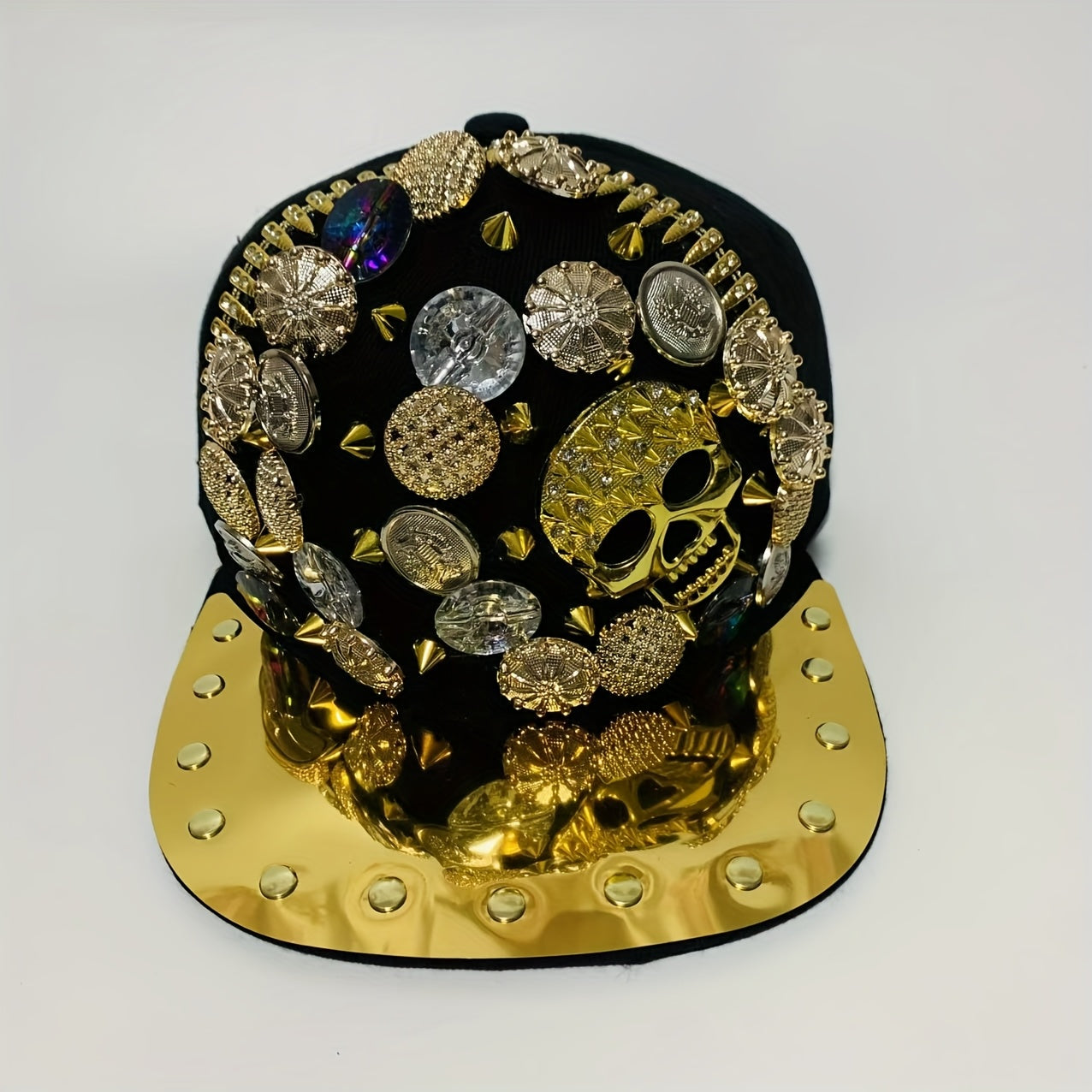 Handcrafted Rivet Studded Fashion Baseball Cap - Lightweight Polyester, Casual Street Style with Colorful Gemstones and Skull Motif for Dance and Performance