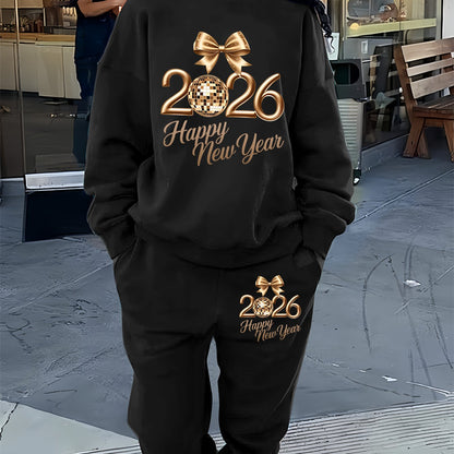 Women'S Casual Crew Neck Sweatshirt & Pants Set - Cozy Fleece-Lined Two-Piece Outfit with "Happy New Year" Print, Perfect for Fall/Winter, Casual Wear, |playful Print|fleece Lined Pants, Sweater Pants