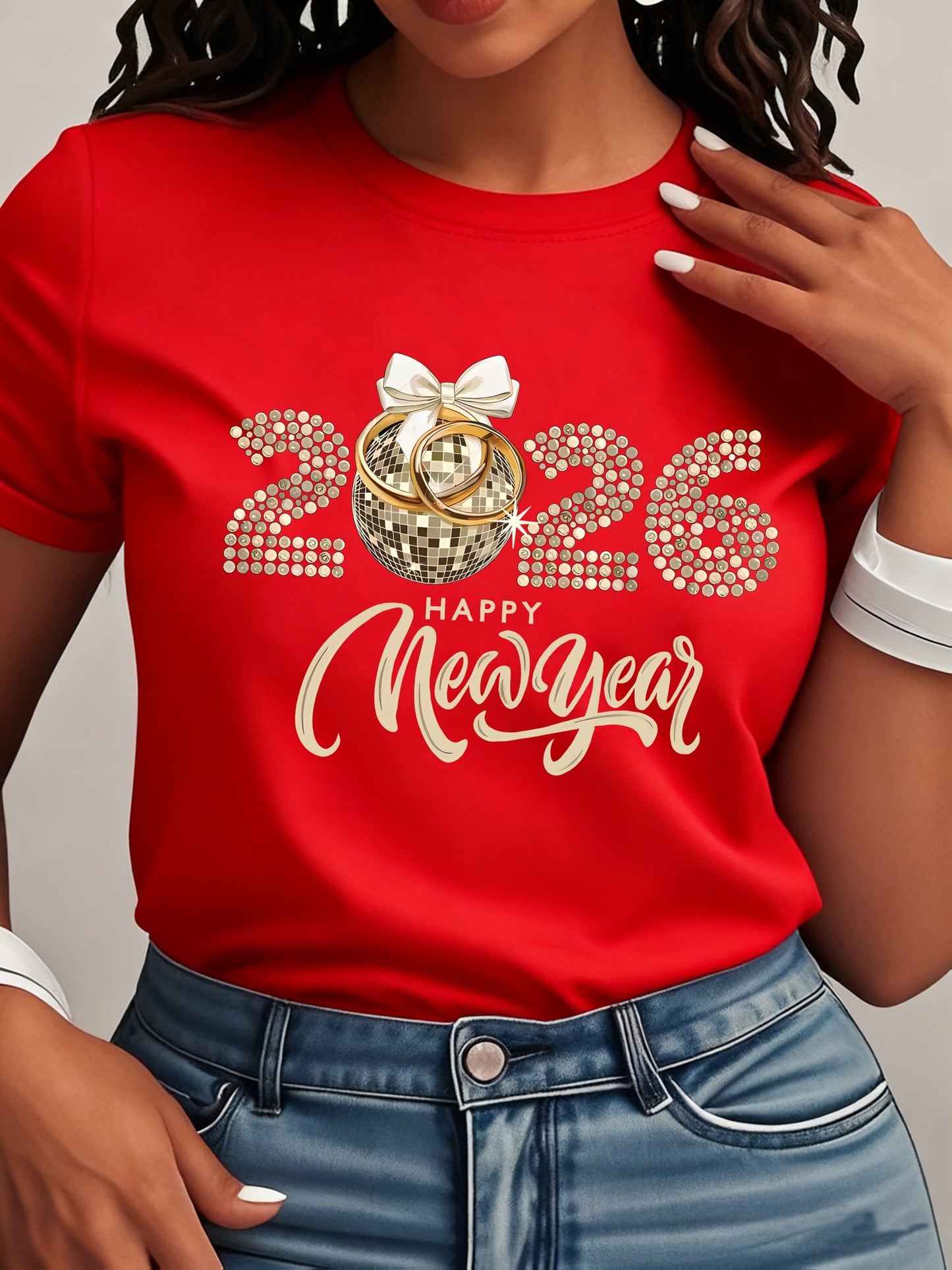 Women's 2026 New Year T-Shirt - Casual Round Neck Short Sleeve - Black & Golden Party Outfit for NYE 2026 Celebrations - Golden 2026 Number & Happy New Year Lettering with Rhinestone-Like 2026 Accent (Machine Washable)