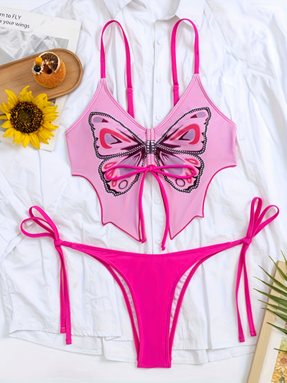 Stylish Two-Piece Swimsuit for Women Featuring a Pink Butterfly Design, Perfect for Beach Vacations