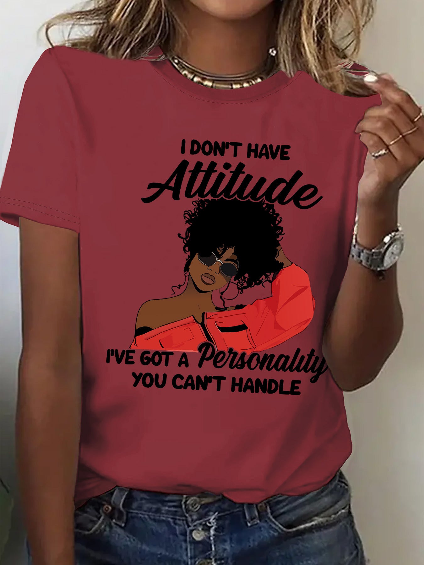 Women's "I Don't Have Attitude" Slogan Graphic T-Shirt - Vibrant Red Short Sleeve Crew Neck Casual Top with Bold Text & Fashion Glasses Design, Machine Washable All-Season Comfort Fit Tee, Fashionforward Look, Durable Fabric