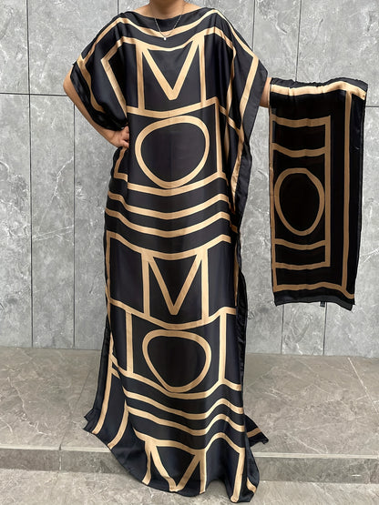Plus Size Geometric Print Kaftan Dress - Flattering Modest Crew Neck, Comfortable Short Sleeves, Flowy Maxi Silhouette - Designed for Curvy Women, Plus Size Clothing for a Confident Fit, Party Dress|Geometric Print|Comfortabl