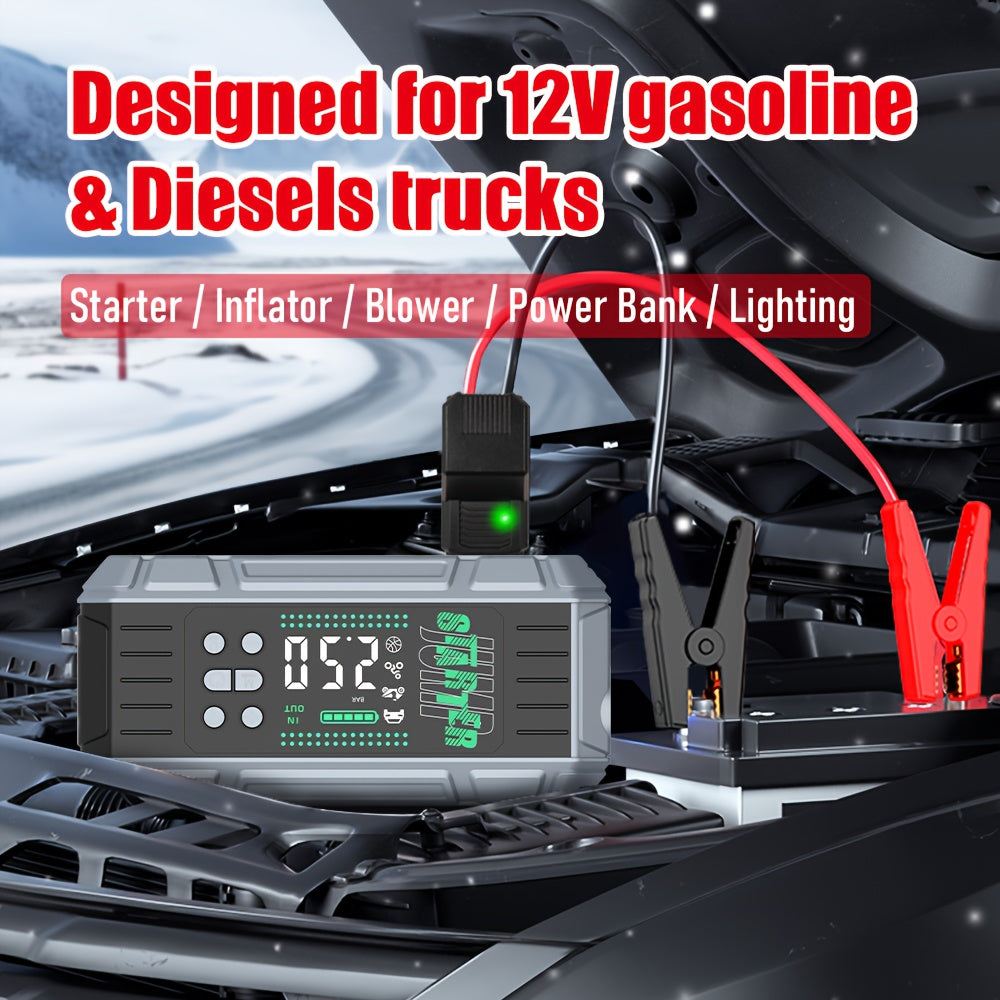 9000A Jump Starter with Air Compressor, 12V Battery Jump Starter for All Gas & 2.11gal Diesel Engines. 6in 1 Multifunctional Jump Starter Battery Pack with Digital Tire Inflator, Blower Pump, PD65W Fast Technology Input & Out