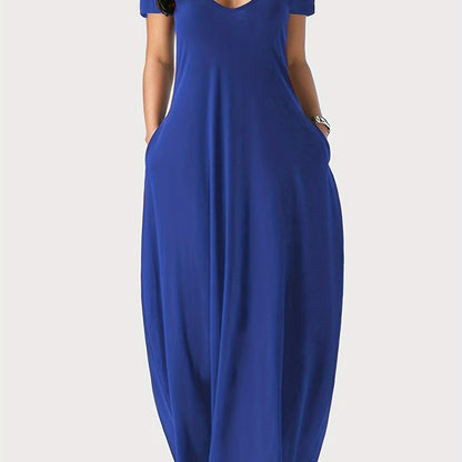 Solid Simple Dress, Casual Short Sleeve Maxi Dress With Pockets, Women's Clothing