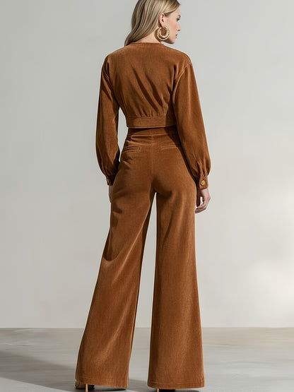 Two-Piece Ensemble: A Cropped Top in Caramel-Hued Corduroy with Metal Buttons Paired with Bell-Bottom Trousers | A Retro-Modern Design for Women, Ideal for Daily Wear, Social Gatherings, And Autumn/Winter Attire