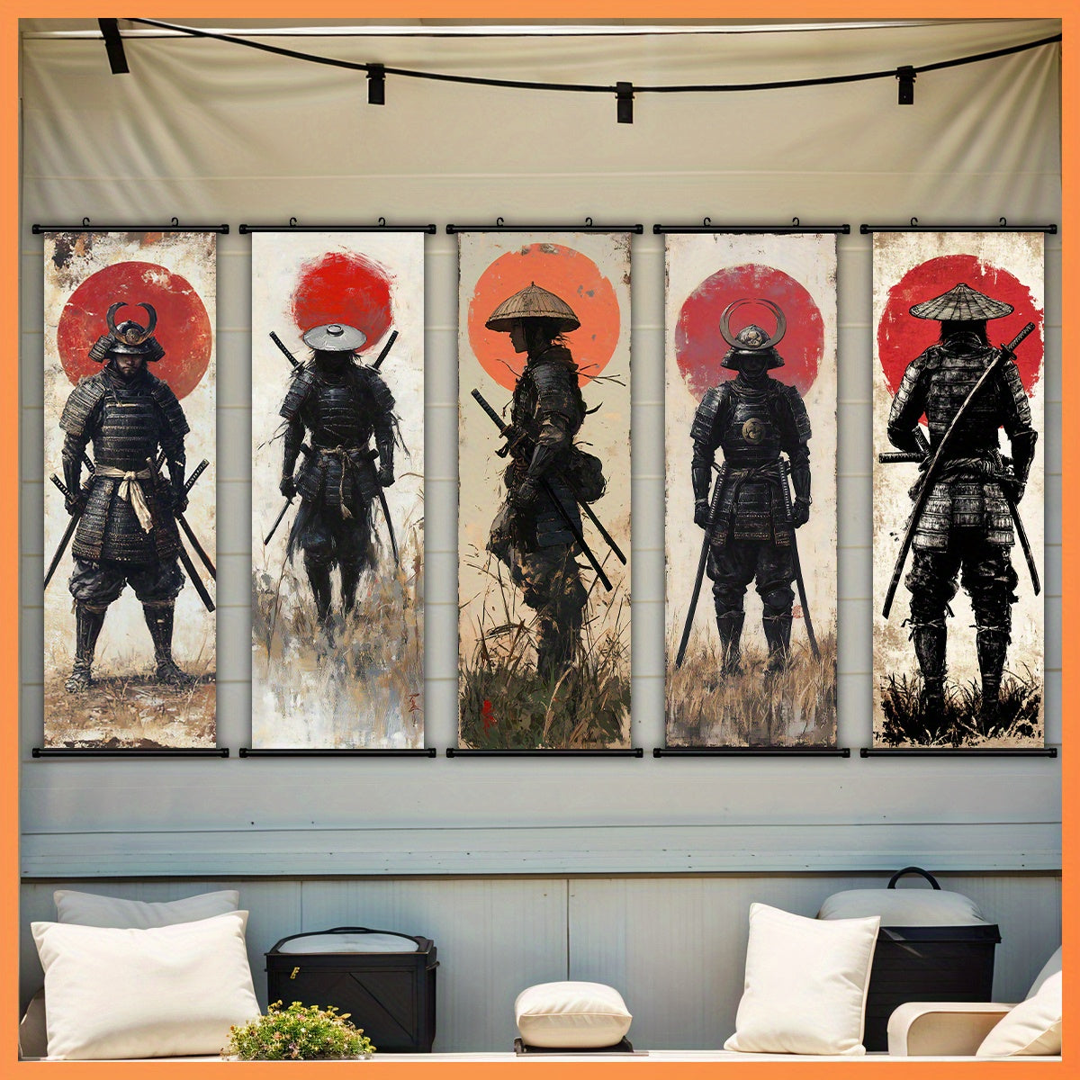 5pcs Samurai Sunset Scroll Wall Art Set - Anime-Themed Vertical Canvas Prints, Retro/Classic/Art Deco Hanging Posters for & , Male Warrior Decor for Living Room, Bedroom, Office - Ideal Gift for & History Buffs
