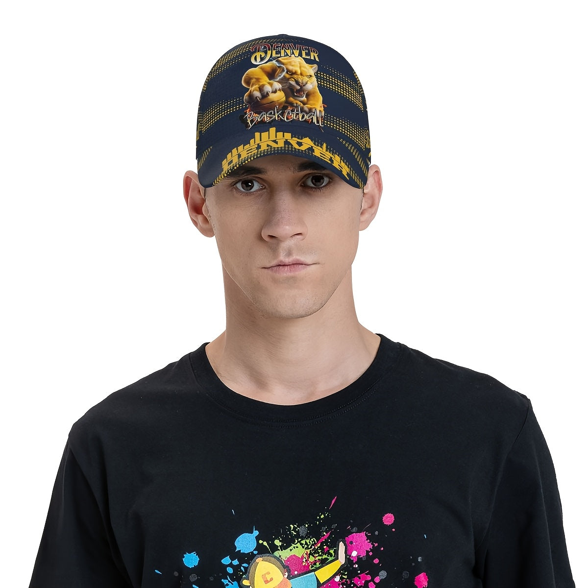 Trendy Structured Baseball Cap Featuring a Full-Print Design of a Golden Lion in a Basketball Style, Complemented by a Navy And Golden Polka Dot Stripe Texture