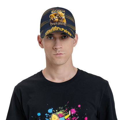 Trendy Structured Baseball Cap Featuring a Full-Print Design of a Golden Lion in a Basketball Style, Complemented by a Navy And Golden Polka Dot Stripe Texture