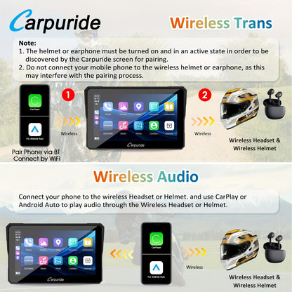Carpuride W702 Wireless Carplay & Android Auto Screen for Motorcycle, 7 Inch IPS Touch Screen, Dual B-T, Built-in EQ, Car GPS, Voice Control, Siri, G00gle Assistant, IP67 Waterproofing, Navigation GPS, Easy to Install,