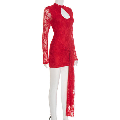 Ladies' Fashionable Dress for Parties and Gatherings Solid Color Hollow Out Straps Sexy Lace Long Sleeved Ribbon Short Dress