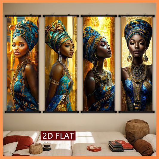 4pcs African Style Women Plastic Scroll Canvas Poster, Vibrant Colors Exotic Decorative Artwork with Traditional Attire Background Design, Bold and Unique Style for Living Room, Hotel, or Restaurant Wall Decoration