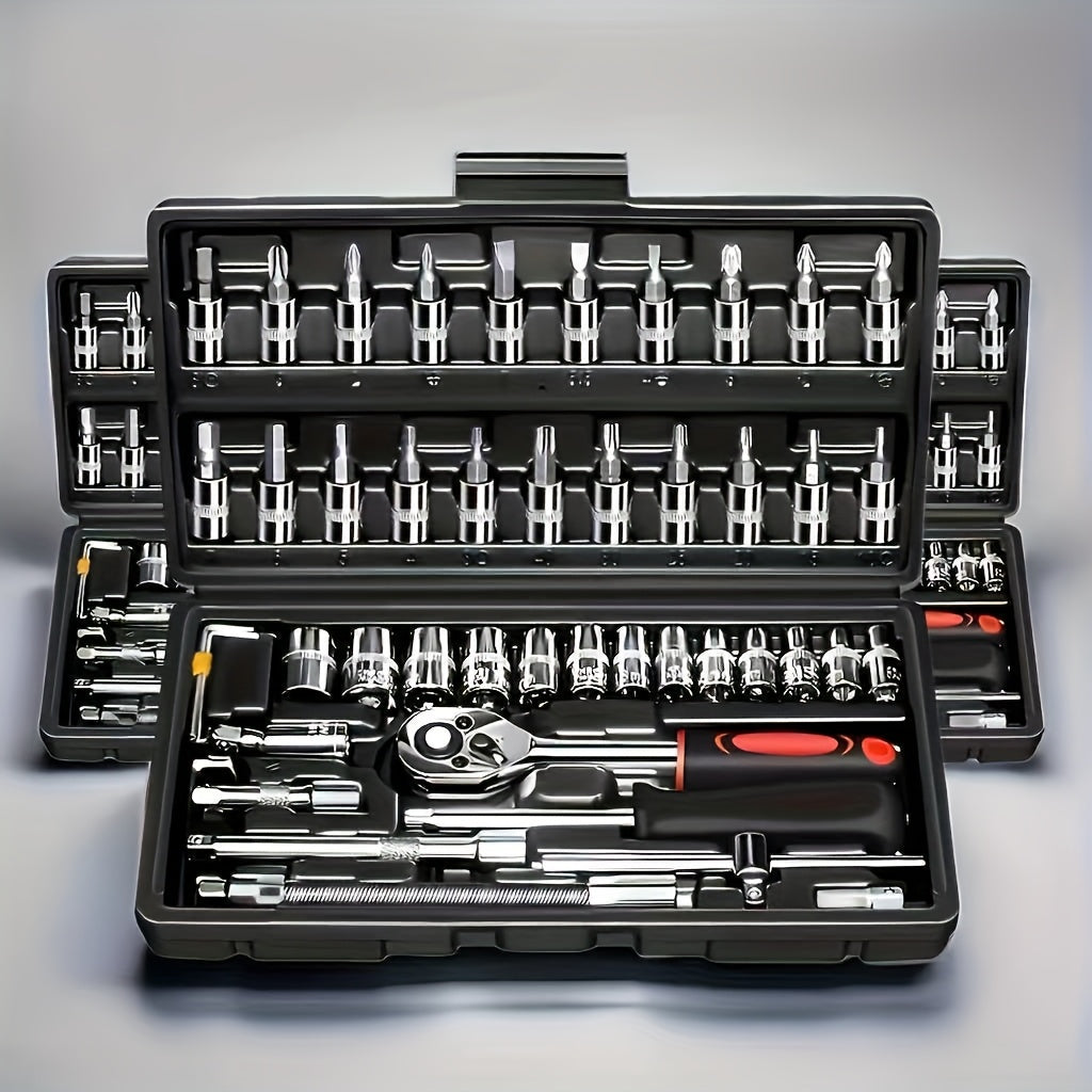 High-end Professional 45+1/215+1pc Tool Set, Auto/bicycle Repair Machinery Kit, 1/2 Inch *1/4 Inch 3/8 Inch Drive Depth And Standard Wrench Set, Race-grade Auto Parts Repair Ratchet Wrench And Other Auto Repair Accessories To