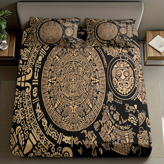 3pcs Comfortable Mayan Calendar Themed Bedding Set Soft High-Definition Digital Print Black And Golden Vintage Design Perfect All-Season Gift Soft, Breathable 100% Polyester, Cute Bed Sheets, Bedroom Essentials, Home Decor, E