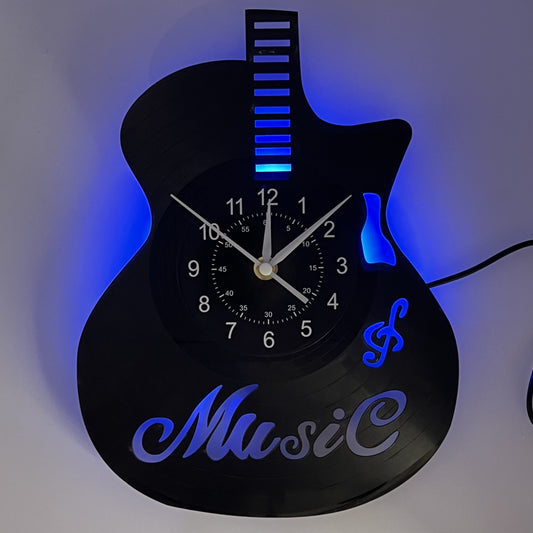Handmade Guitar-Shaped Vinyl Record LED Wall Clock - Unique Musical Theme, Irregular Shape, Flat Crown, Digital Display, Battery Operated (AA Not Included) - Ideal for Living Room, Bedroom, Office, Music Room Decor - Perfect