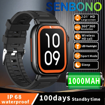 SENBONO Sports Smartwatch with 1000mAh Large Battery, 2.01inch HD Square Display, Wireless 5.4, LED Flashlight, Compass, Diversified Dial, Sleep Monitoring, 100+ Sports Modes, Outdoor Smartwatch, Ideal Gift, Fitness Tracker,