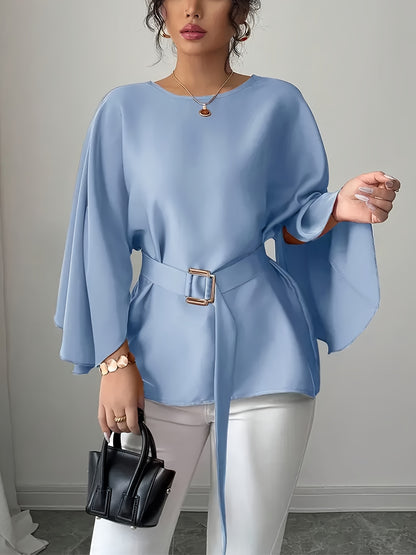 Women'S Elegant Three-Quarter Sleeve T-Shirt - Loose Fit Blouse with Waist Belt, Non-Transparent Fall/Winter Top for Everyday & Formal Outfits - Office, Party, Casual Chic Wardrobe Essential, Ladies T Shirts, Office Attire, S
