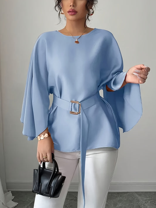 Women'S Elegant Three-Quarter Sleeve T-Shirt - Loose Fit Blouse with Waist Belt, Non-Transparent Fall/Winter Top for Everyday & Formal Outfits - Office, Party, Casual Chic Wardrobe Essential, Ladies T Shirts, Office Attire, S
