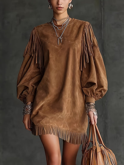 American Vintage Fashion Fringe Women's Mini Dress with Round Neck, Lantern Sleeves, and Fringe Hem for Party, Casual, Autumn Street Style, Elegant Special Edition