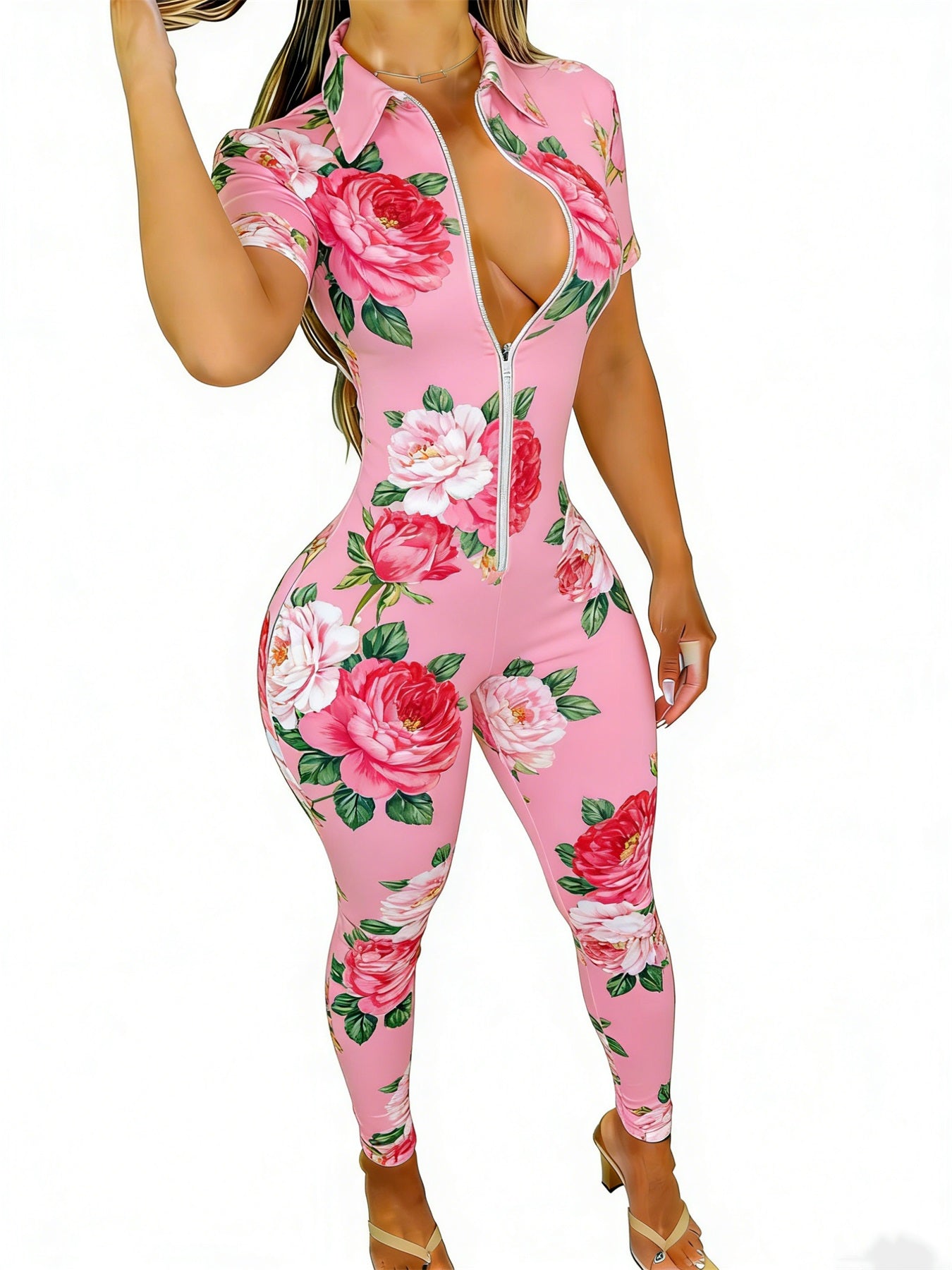 Women'S Bodycon Short Sleeve Jumpsuit | Pastel Pink Floral Print, Curvy-Friendly Deep V Zip, Stretchy Fabric, Sizes 2XS-2XL | Perfect for Spring/Summer/Fall, Sexy Style