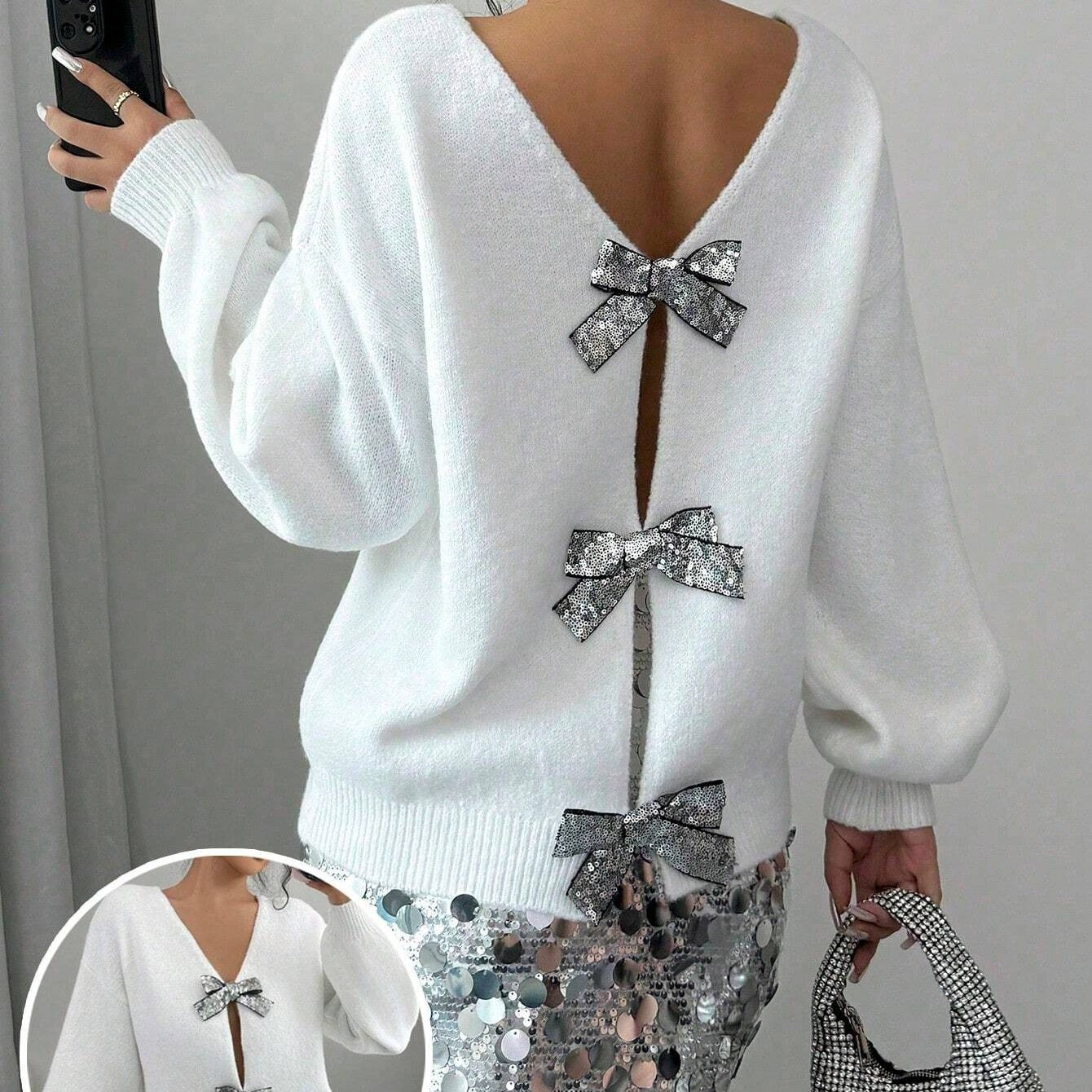 French-Style Sequin Bow-Adorned Loose-Fit Cardigan Sweater with Button Front Placket - Winter Warm Blouse, Casual Elegant Outerwear for Parties Weddings Daily Wear