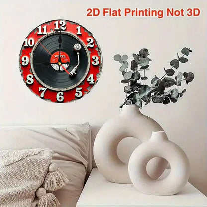 2D Flat Room Decor, 1pc, A red and white sign with a microphone and vinyl records, 9.8-inch, 2D Wooden Flat, Silent Wall Clock, Non-Luminous, Wooden Quartz Design, perfect for spiritual homes/ holiday/ Living Room/ Coffee/ Be