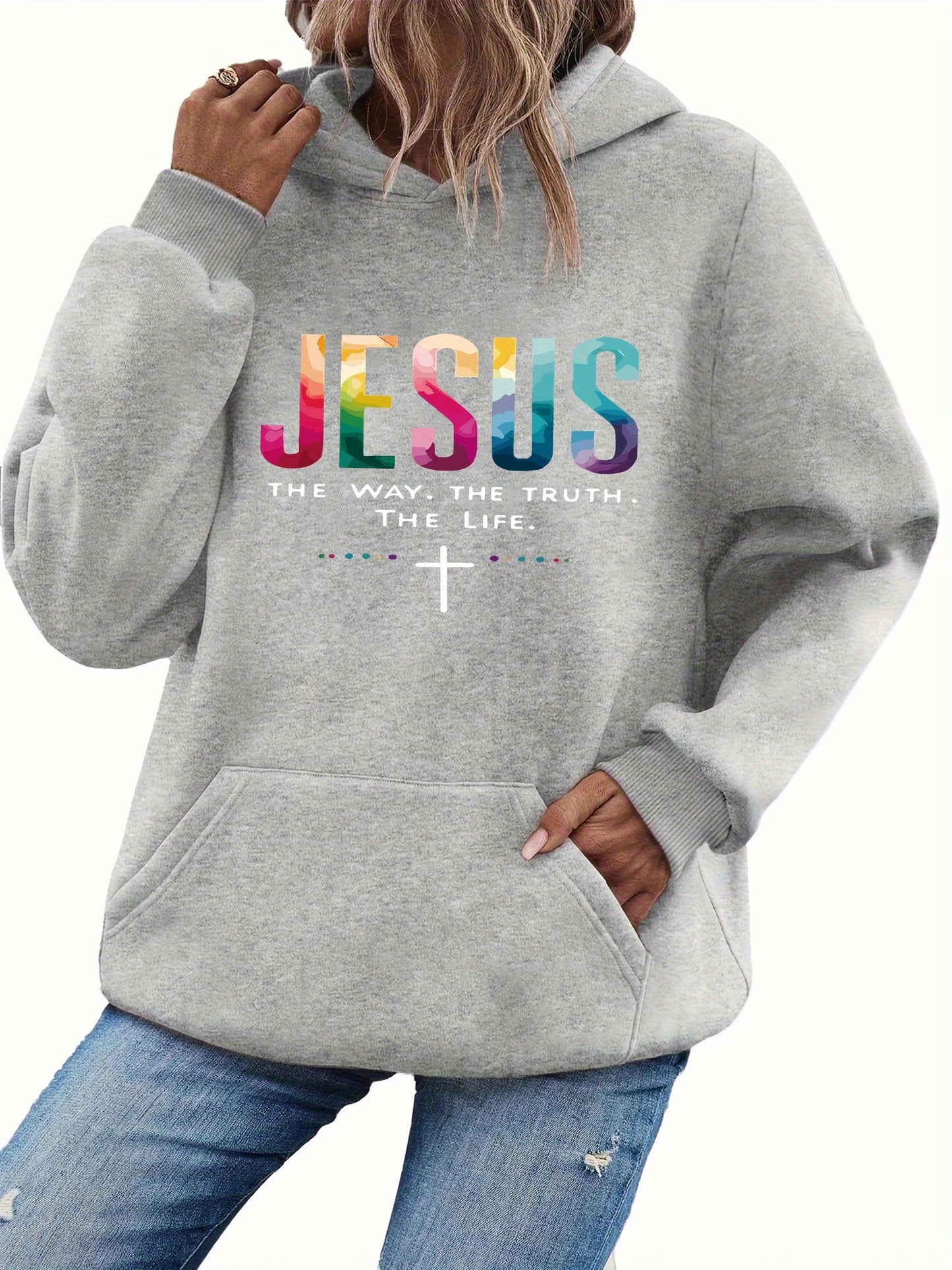 Women'S Print Hoodie - Religious Christian Apparel with " is the Way, the Truth, the Life" Bible Verse (John 14:6), Lightweight Hooded Sweatshirt for Church, Prayer, Everyday Faith - Soft Breathable Pullover in Gray/Blue/Pink