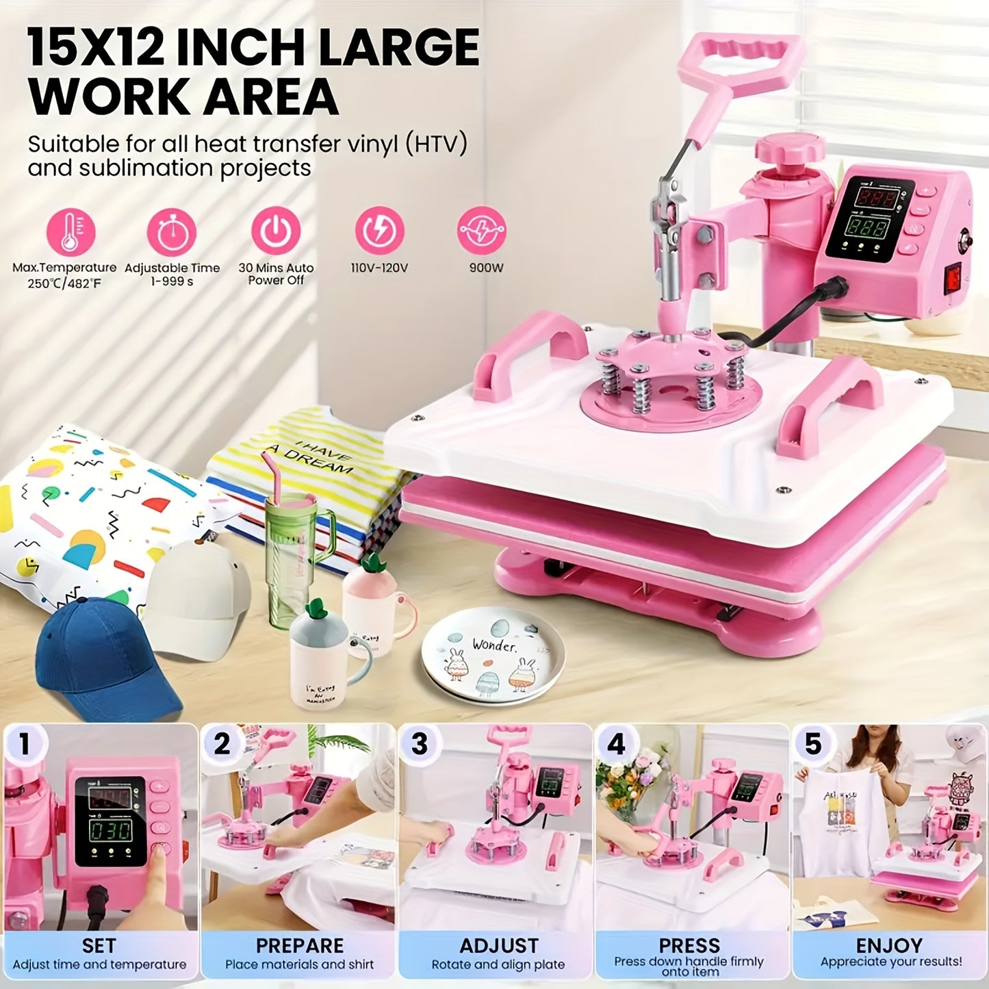 15"x15"/15"x12" - 8in 1/5in 1 Heat Press Combo, Rotatable Design, Multi-Size Transfer Professional Sublimation Kit, Suitable for T-Shirts, Bags, Pillows, Hats, Beanies, Rollers - Three-in-One Automatic Hat Press Only for Hats