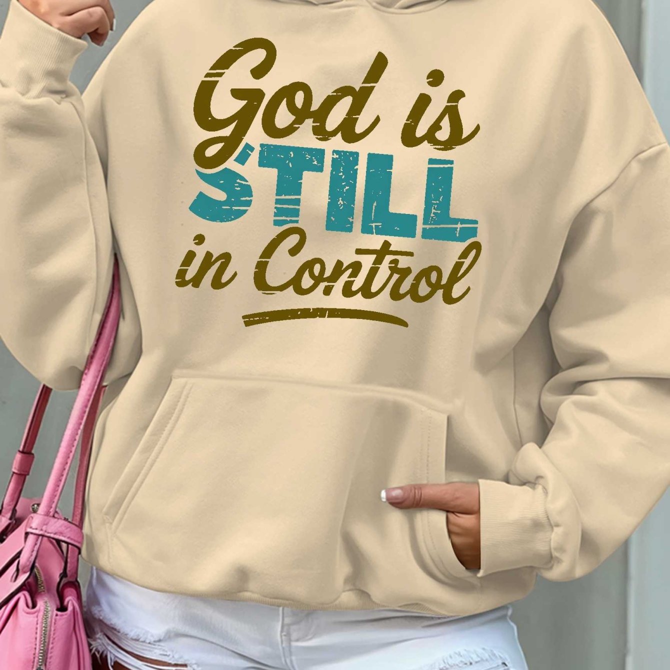 Women'S Hoodie - Beige Pullover Sweatshirt with "God is Still in Control" Inspirational Quote, Long Sleeve Hooded Sweater for Fall/Winter, Cozy Casual Everyday & Formal Outfits - Perfect Christian Gift for Women, Ladies Sweat
