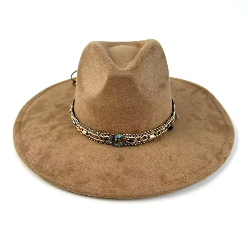 1pc Bohemian-Style Wide-Brimmed Women'S Felt Hat - with a Turquoise Bead Chain Decorative Band - Suitable for Holiday Dress-Up, Cowboy-Inspired Looks, Daily Casual Wear, And As a Photography Prop for Bohemian Home Decor, Fest