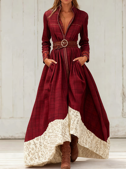 Western Retro Plaid Dress, Stand-up Collar, Zipper, Bohemian Ethnic Print, Fitted Waist, Full Skirt, with Pockets.
