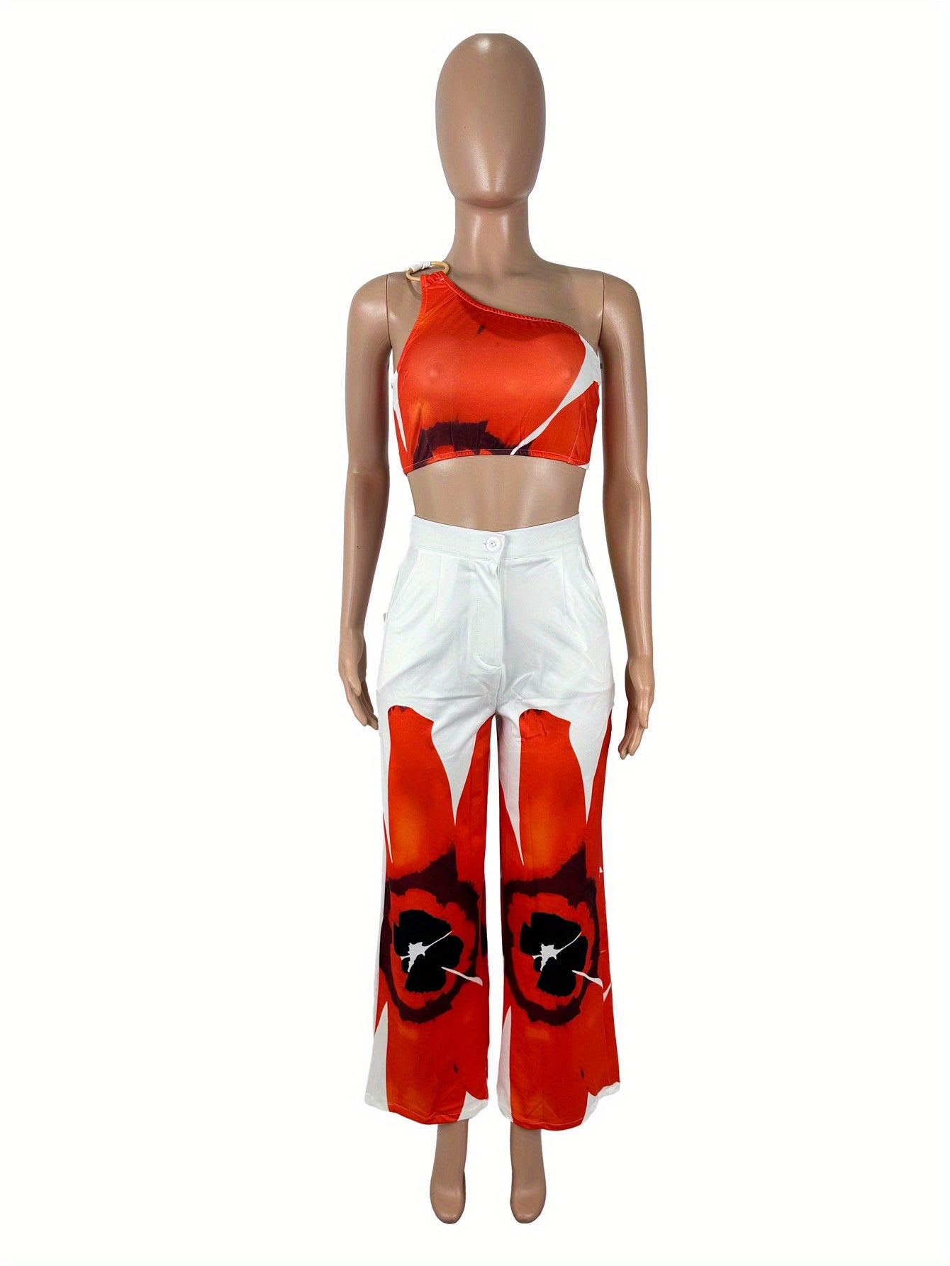 D9738 Women'S Y2K Fashion Floral Print One-Shoulder Slim Fit Wide-Leg Pants Two-Piece Set - Sexy Spring/Fall Outfit, Spring Fashion|Sleek Shoulder Design|Polyester Fabric