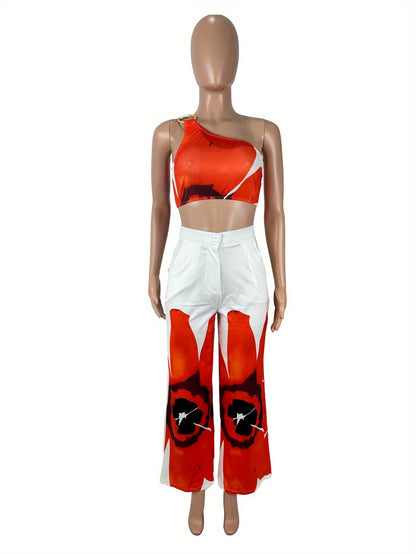 D9738 Women'S Y2K Fashion Floral Print One-Shoulder Slim Fit Wide-Leg Pants Two-Piece Set - Sexy Spring/Fall Outfit, Spring Fashion|Sleek Shoulder Design|Polyester Fabric