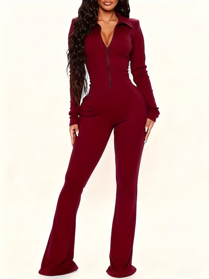 Slim-fit Flared Pants Long Sleeve Half Zipper Collar Onesie | Women'S Autumn and Winter Commuter Fashion Wear, Elegant Solid Color Style